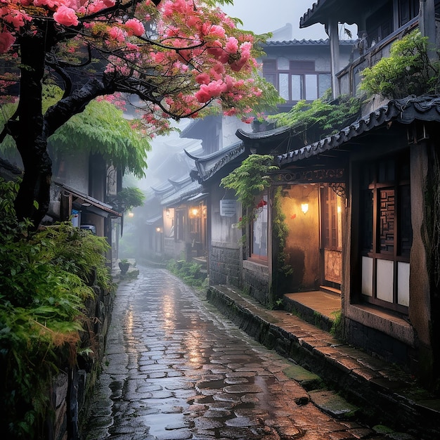 un jour de pluie dans un jardin chinois avec une lanterne et un arbre en arrière-plan