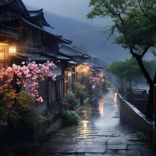 un jour de pluie dans un jardin chinois avec une lanterne et un arbre en arrière-plan