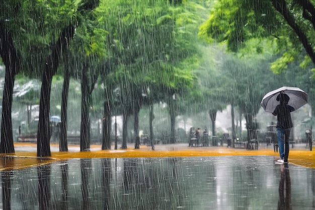 Un jour de pluie dans le parc, des gouttes de pluie et des gens dans le parc.