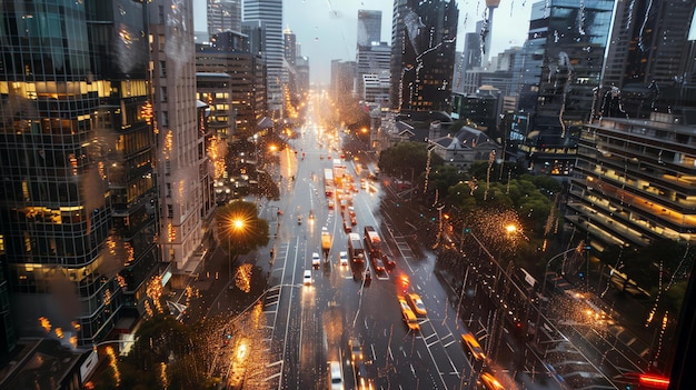 Un jour de pluie dans la ville La vue de la fenêtre est d'une rue très fréquentée avec des voitures et des bus qui circulent sous la pluie