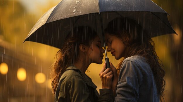 Un jour de pluie, deux femmes échangent un baiser.