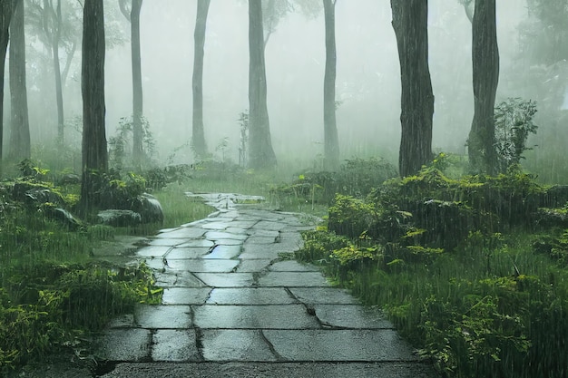Jour de pluie d'été dans une clairière de forêt Herbe d'arbres vert foncé humide et chemin par temps de pluie illustration 3d
