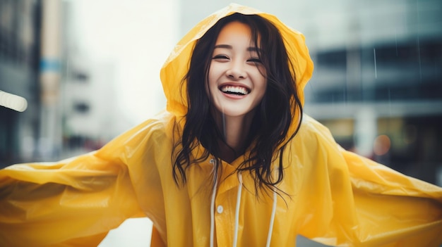 Jour de pluie femme asiatique portant un imperméable à l'extérieur heureux et drôle