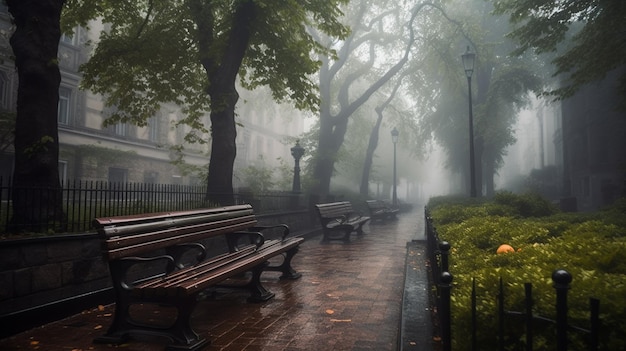 Un jour de pluie à Londres avec des bancs et des arbres