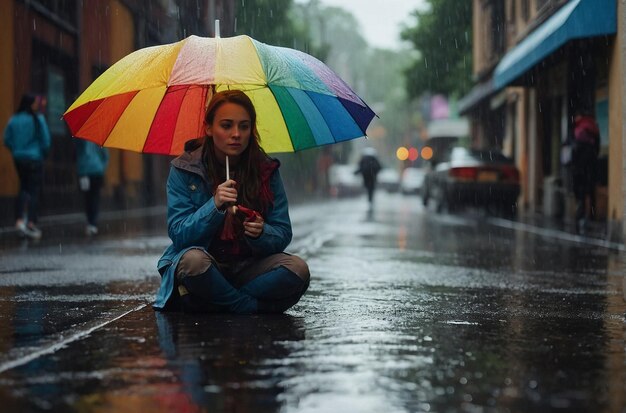 Photo un jour de pluie avec un parapluie arc-en-ciel