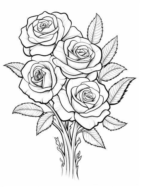 Jour de la Saint-Valentin un bouquet de roses page de coloriage simple ligne propre art noir et blanc