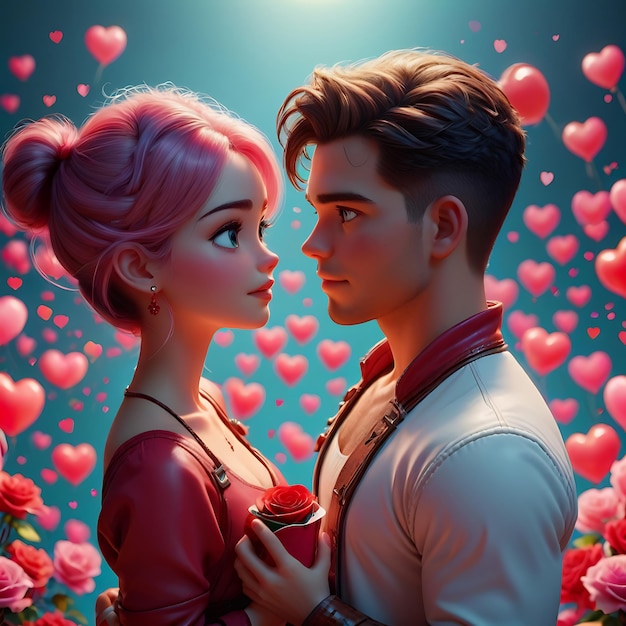 Jour de la Saint-Valentin célébration couple de dessins animés en 3D