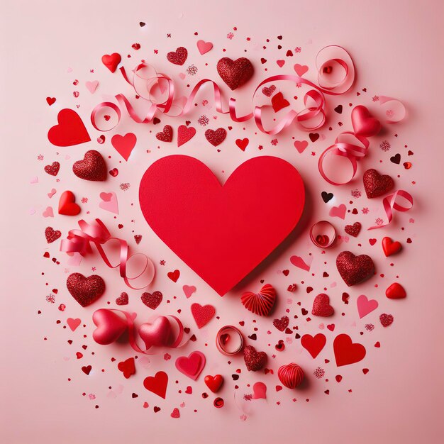 Jour de la Saint-Valentin Confetti en forme de cœur rouge Vue de dessus du cœur plat sur fond rose Espace de copie