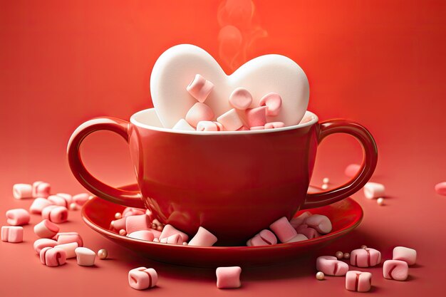 Jour de la Saint-Valentin délicieux chocolat chaud avec des guimauves dans des tasses rouges pour les amoureux sur un fond rouge