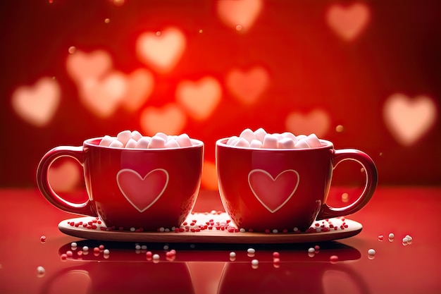 Jour de la Saint-Valentin délicieux chocolat chaud avec des marshmallows dans des tasses rouges pour les amoureux sur un fond rouge