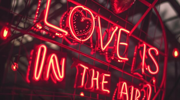 Le jour de la Saint-Valentin, un panneau rouge néon vibrant avec la phrase "L'amour est dans l'air" et des cœurs.