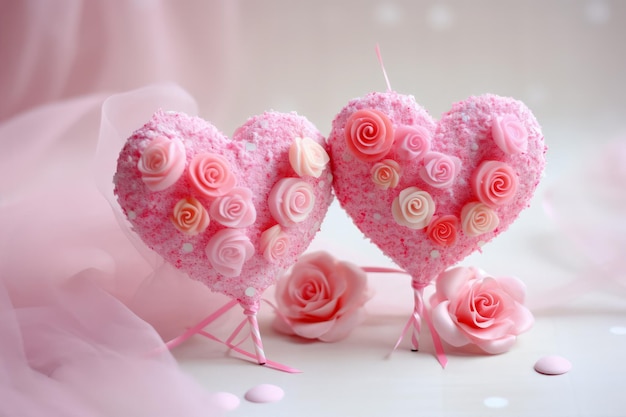 Le jour de la Saint-Valentin, des roses roses et des cœurs sur un fond doux.