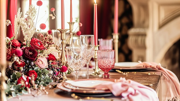 Jour de la Saint-Valentin table paysage et décoration de table table romantique avec des fleurs dîner formel et date beaux couverts et vaisselle