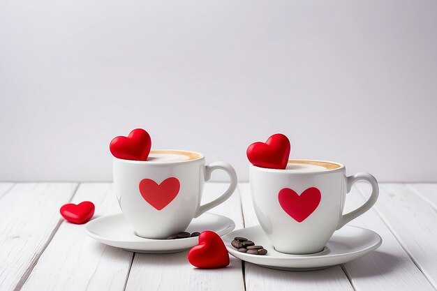 Jour de la Saint-Valentin avec une tasse blanche de café, une rangée de coeurs rouges sur la tasse, du bois, un fond blanc.