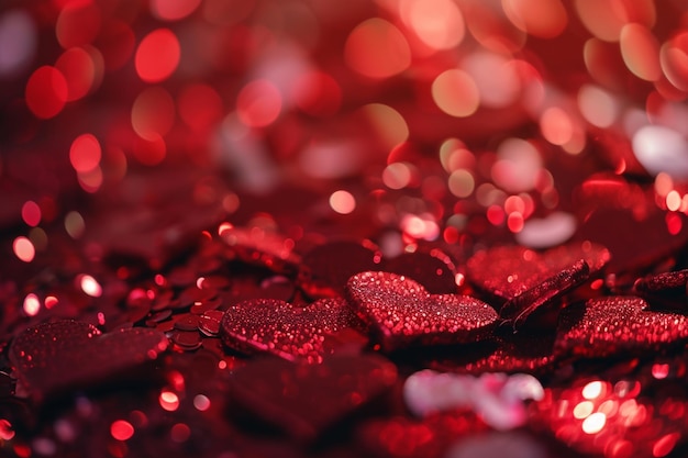 Photo jour de la saint-valentin sur le thème du panorama abstrait à l'arrière-plan des lumières bokeh avec des cœurs rouges