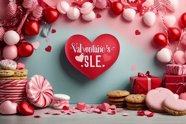 Jour de la Saint-Valentin vente d'arrière-plan avec le cœur sucette biscuits streamer boîte à cadeaux guimauve