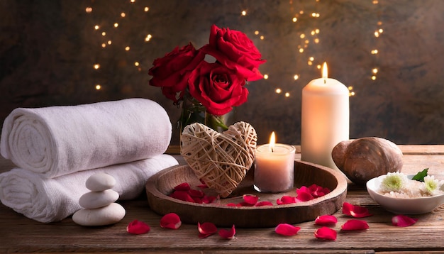 Jour de la Saint-Valentin Zen et relaxation avec décoration de bien-être spa huile de massage et fond en bois