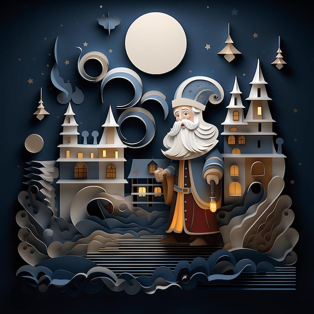 Jour de Sinterklaas Vacances néerlandaises Saint Nicolas ou Sinterklaas arrive en ville la nuit paper art