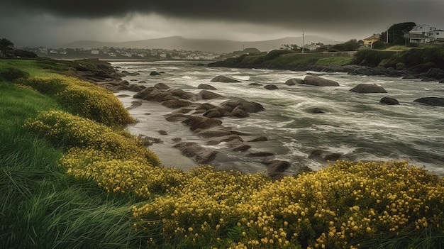 Un jour de tempête avec des fleurs jaunes et une rivière au premier plan