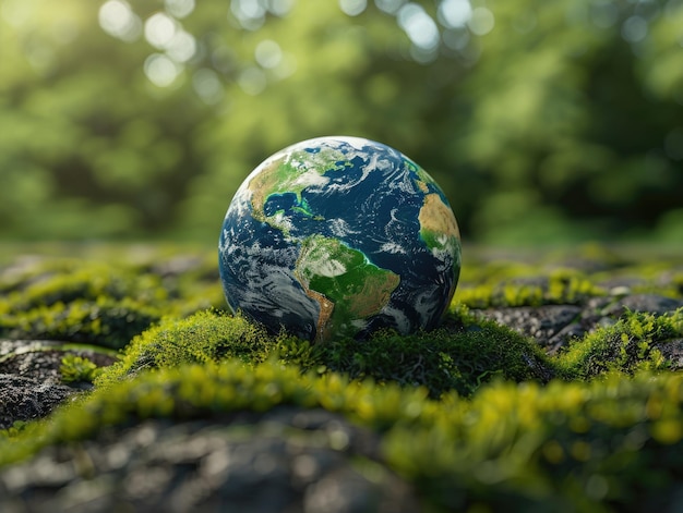 Photo jour de la terre le globe niché dans l'herbe avec des marguerites mettant en évidence la beauté naturelle et l'écologie de la terre