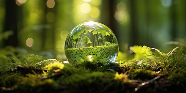 Jour de la Terre Globe vert dans la forêt avec de la mousse et de la lumière du soleil abstraite défocalisée