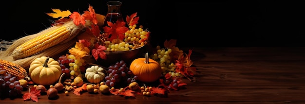 Jour de Thanksgiving automne nature morte avec citrouilles cors et raisins avec copie espace générative ai