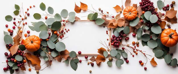 Jour de Thanksgiving ou Halloween concept bannière vue supérieure décor de fond blanc de citrouille baies rouges