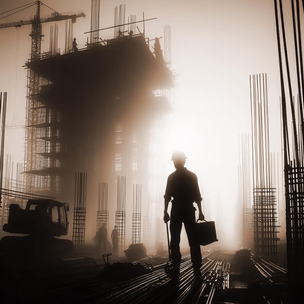 Photo jour de travail bâtiment de construction shilhoutte par ingénieur le matin ai arrière-plan de l'image