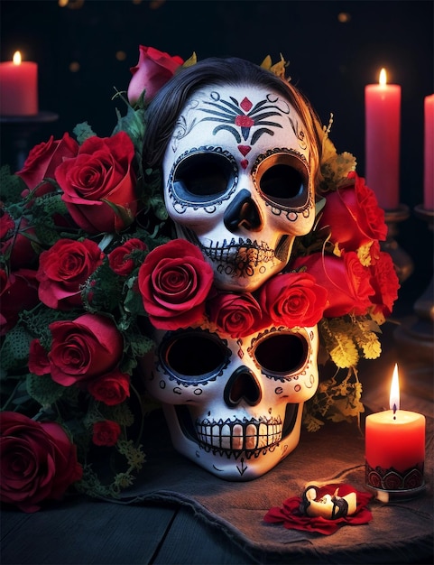 Jour de vacances mexicain de composition réaliste morte avec des bougies de masque effrayantes et des roses