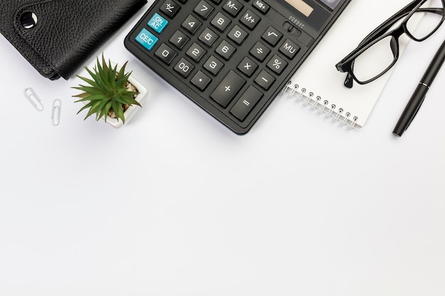 Journal, Calculer, Plante De Cactus, Bloc-notes En Spirale, Lunettes Et Stylo Sur Fond Blanc