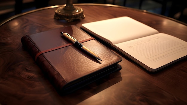 Un journal classique relié en cuir et un stylo plume