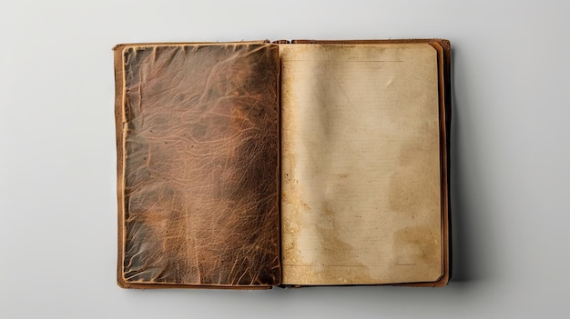 journal en cuir avec des pages blanches ouvertes sur une table blanche isolée sur un fond blanc