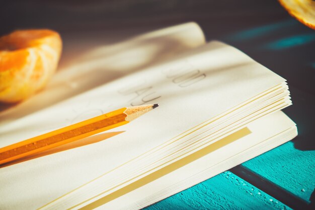 Journal ouvert avec un crayon sur une table.