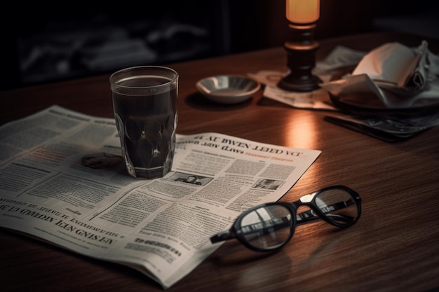 Un journal avec un verre de bière dessus et une tasse de bière sur la table.