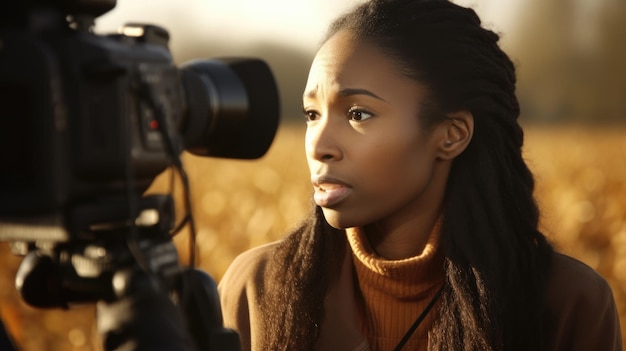 Journaliste Femme afro-américaine Jeune adulte Interviewer quelqu'un sur le terrain en plein air IA générative AIG22