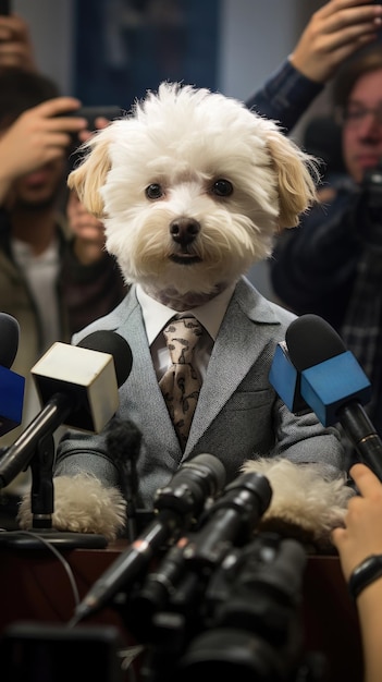 Des journalistes interviewent un chien blanc Photo de haute qualité