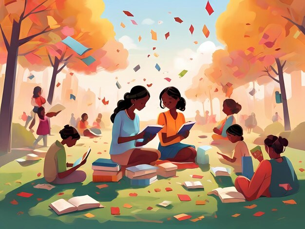 Journée de l'alphabétisation Avec les gens qui célèbrent la Journée de l'alphabétisation en lisant des livres sur le sol