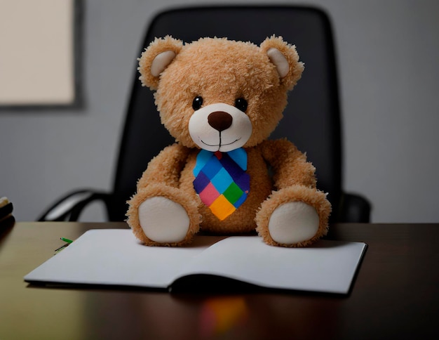 La journée de l'autisme avec un ours en peluche assis à un bureau