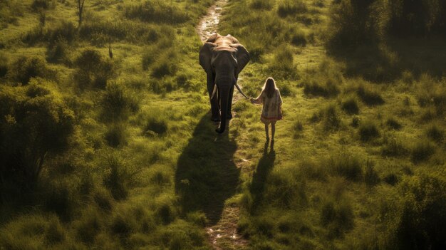 Une journée d'aventure Fille et éléphant Explorent la campagne du sud