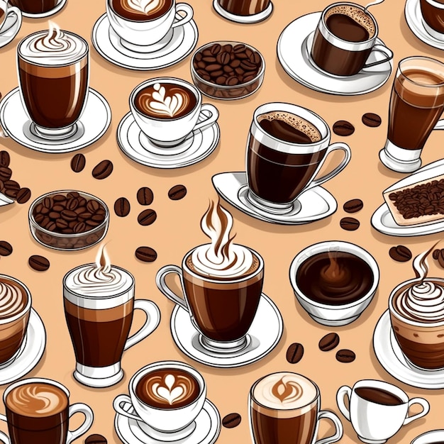 Journée de café définie une image ai d'illustration avec des tasses de café, des beignets et des haricots sur un fond plat