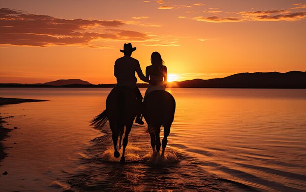 Photo journée à cheval dans le coucher de soleil de la saint-valentin