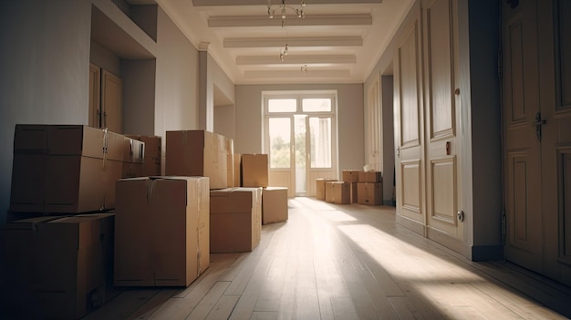 Une journée de déménagement avec des boîtes de carton dans une pièce spacieuse