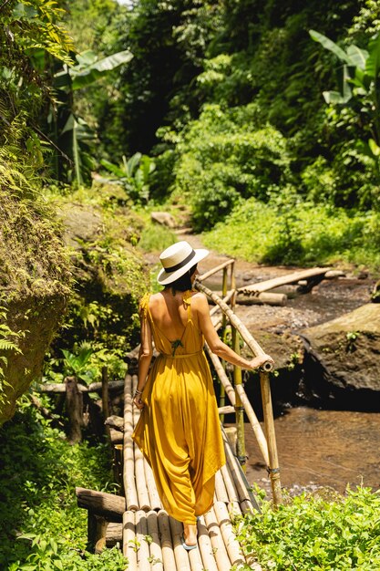 Journée ensoleillée. Belle fille mince tournant la tête tout en regardant les plantes vertes dans la forêt tropicale