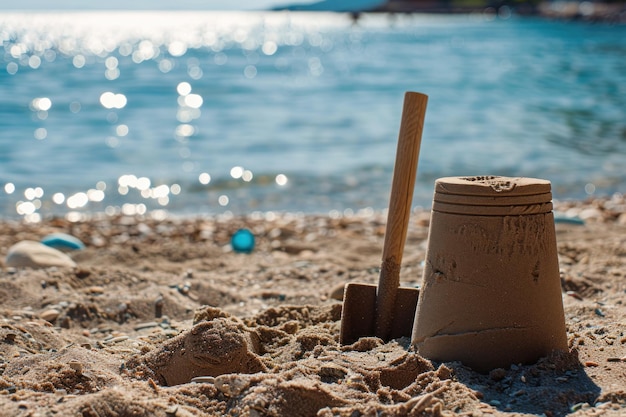 Une journée ensoleillée et un château de sable avec une pelle sur la plage