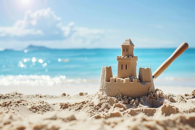 Une journée ensoleillée et un château de sable avec une pelle sur la plage