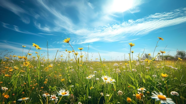 Une journée ensoleillée dans une prairie de fleurs sauvages vibrantes, un ciel bleu et une nature magnifique, un paysage serein pour calmer l'atmosphère.