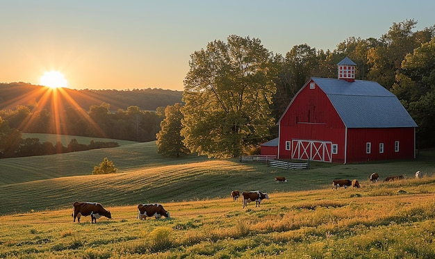 Une journée ensoleillée sur la ferme rurale Red Barn