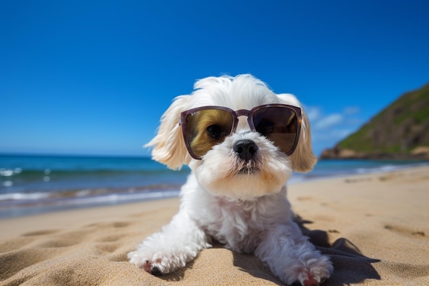 Une journée ensoleillée à la plage avec un chien mignon
