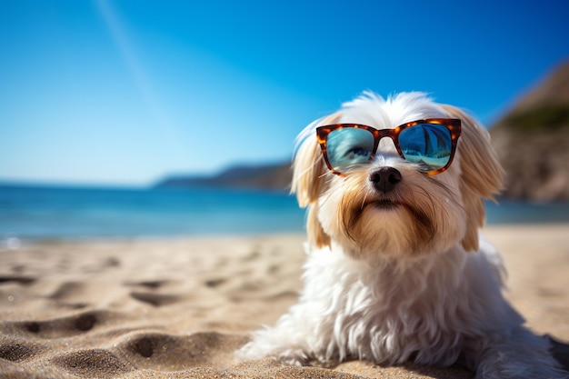 Une journée ensoleillée à la plage avec un chien mignon