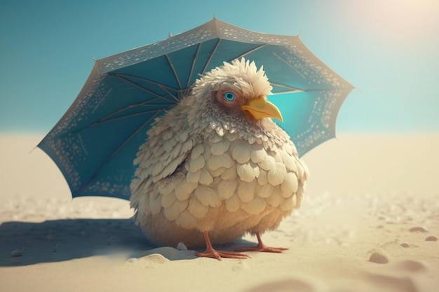 Journée ensoleillée à la plage pour la poule décontractée se détendant sous un parapluie